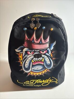 Ed Hardy Black Backpack with Bulldog Crown Graphic